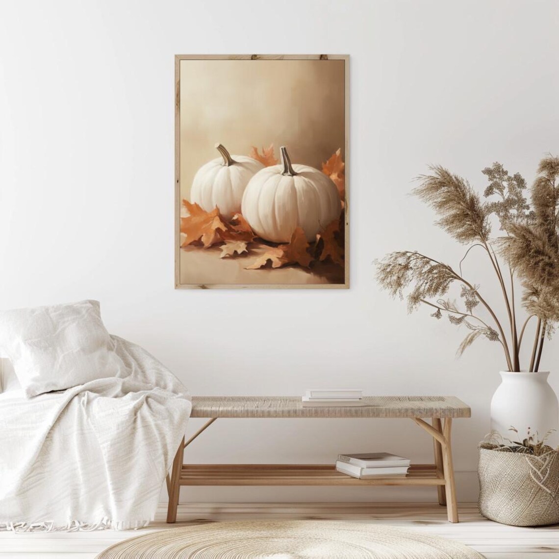 Two White Pumpkins with Orange Maple Leaves Minimal Fall Still Life Poster - Image 2