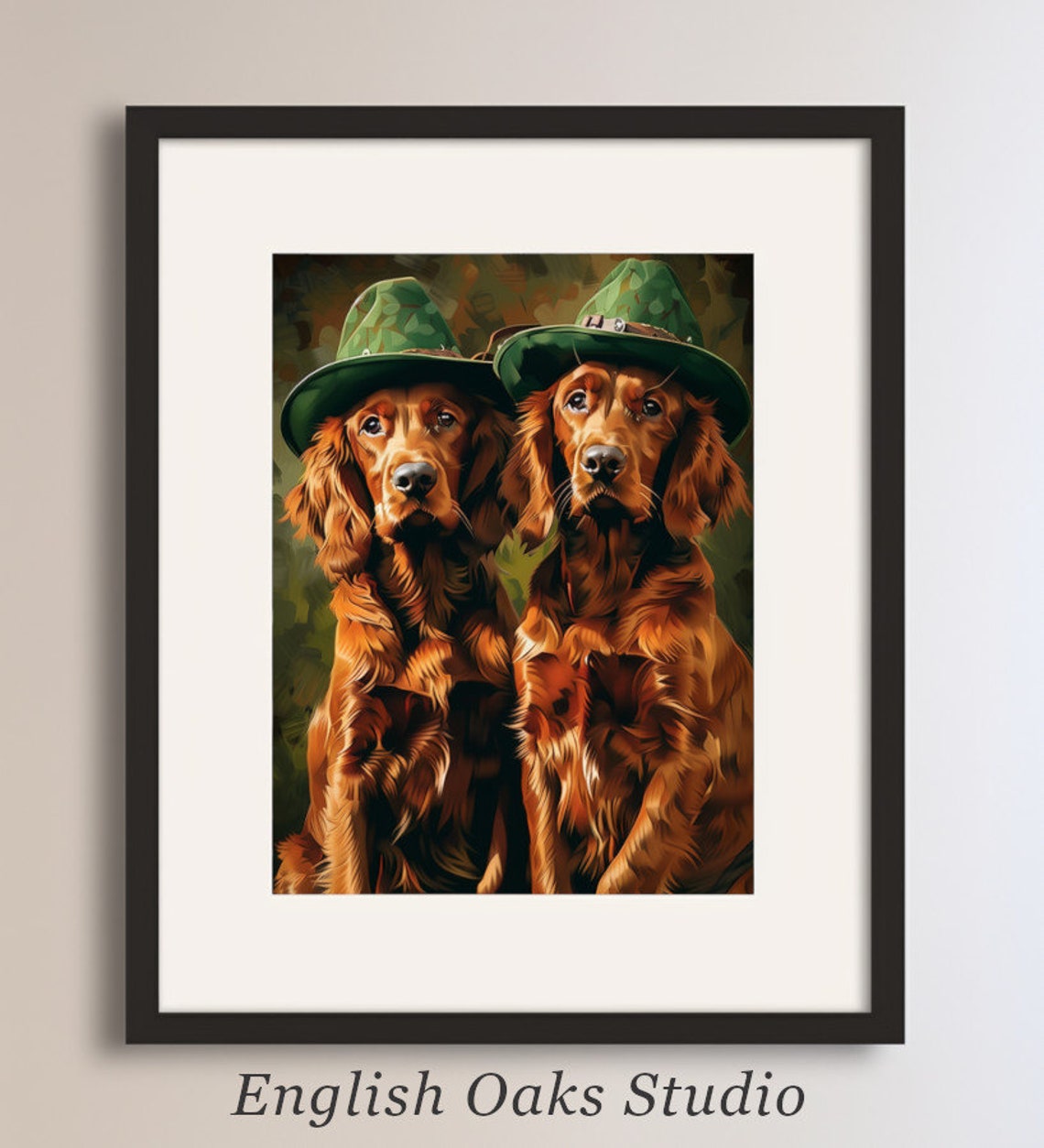 Irish Setter Dogs in Green Hats St Patricks Day Portrait Wall Art