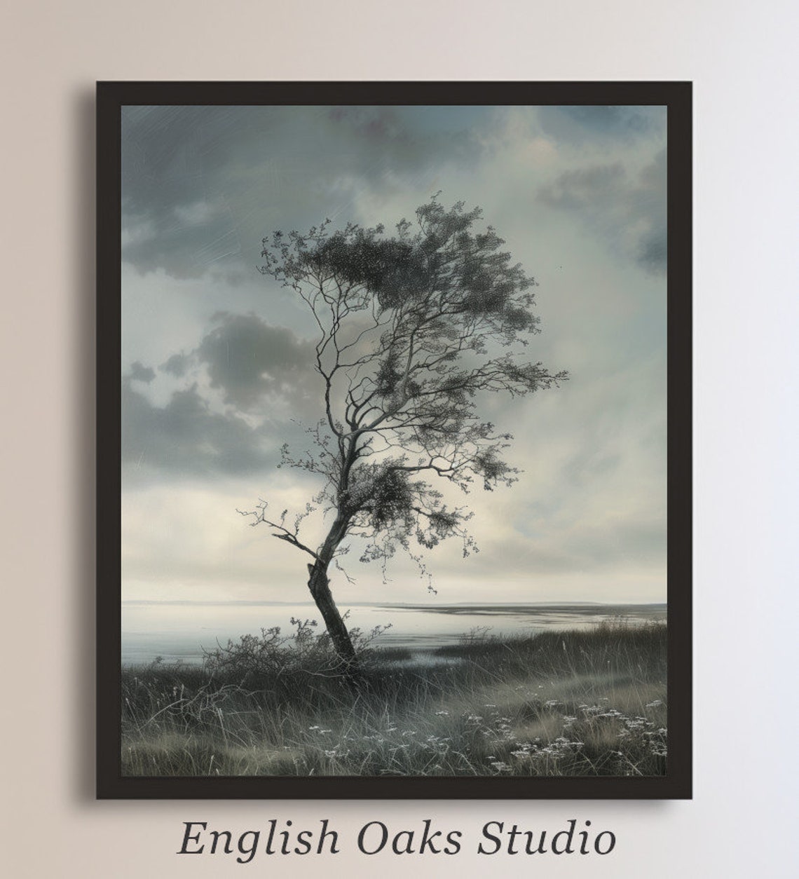 Lone Windswept Tree Misty Shoreline Moody Minimalist Landscape Poster