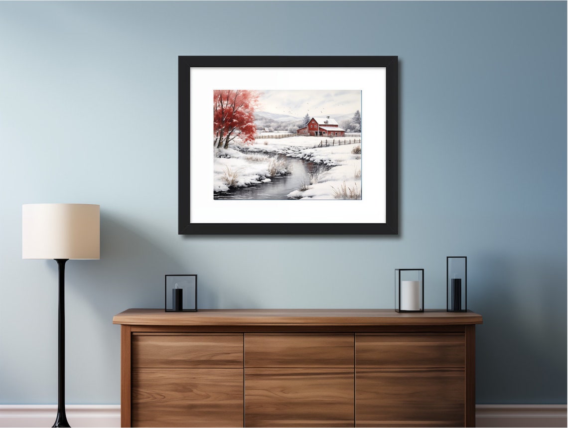 Red Barn in Snow with Frozen Stream Winter Oil Painting Poster - Image 2