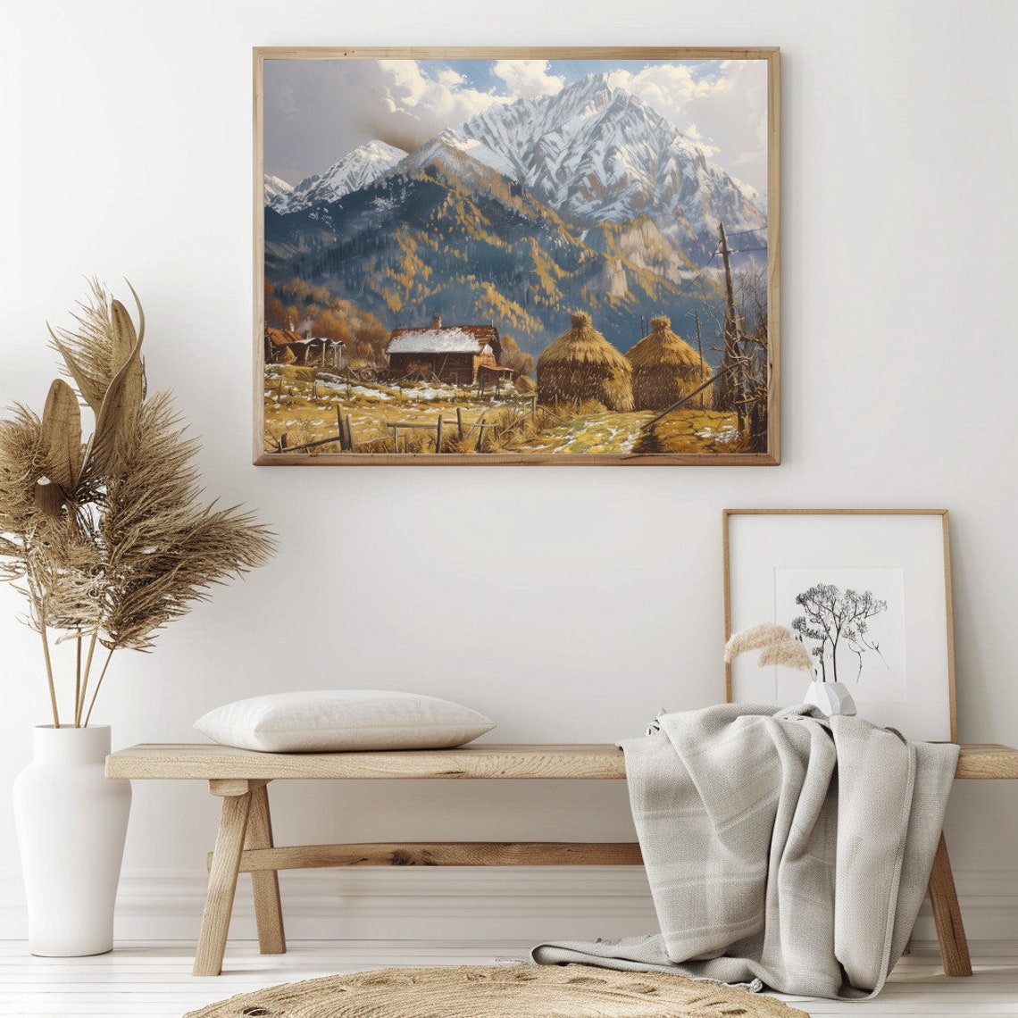 Snowy Alpine Cabin Haystacks Vintage Rustic Winter Mountain Poster - Image 2