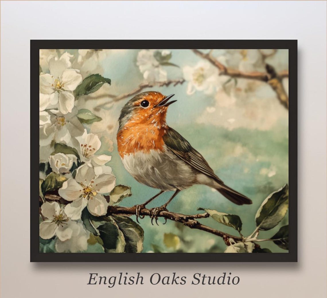 European Robin Singing on Blooming Spring Branch Watercolor Poster