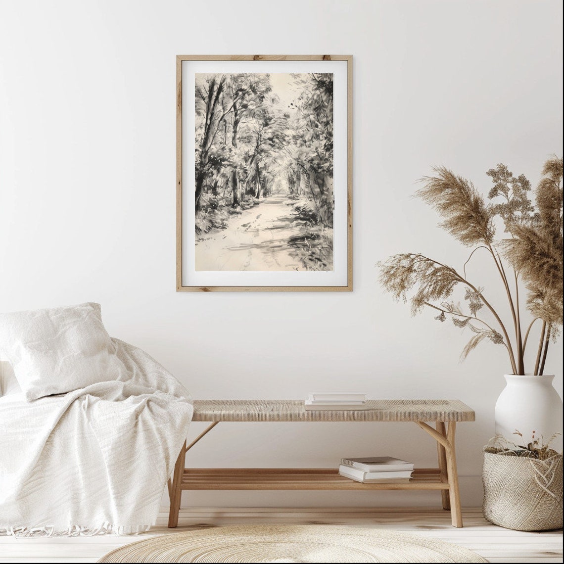 Rustic Neutral Forest Path Charcoal Sketch Vintage Landscape Poster - Image 2