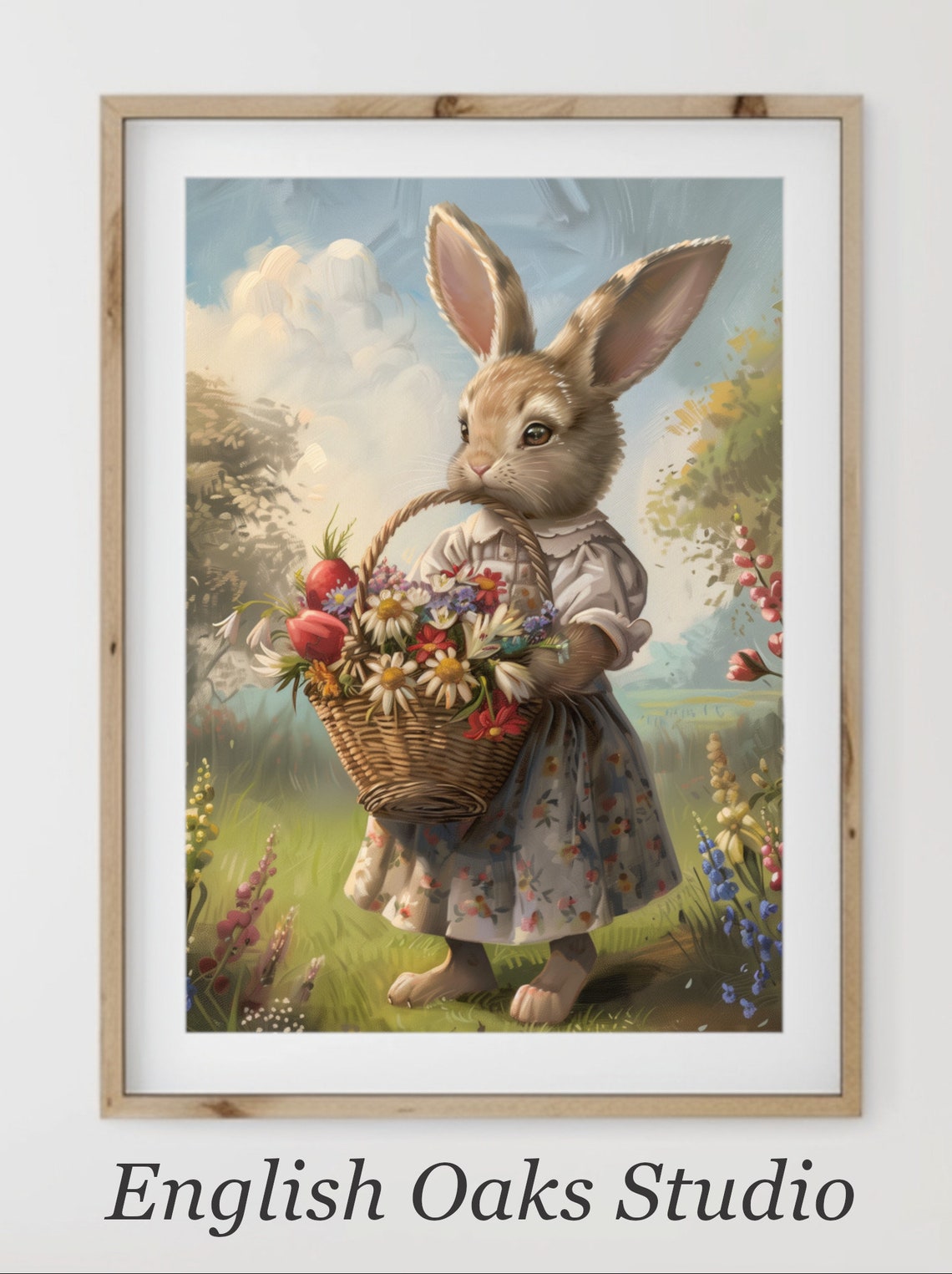 Easter Bunny Girl With Basket Of Wildflowers Spring Nursery Poster