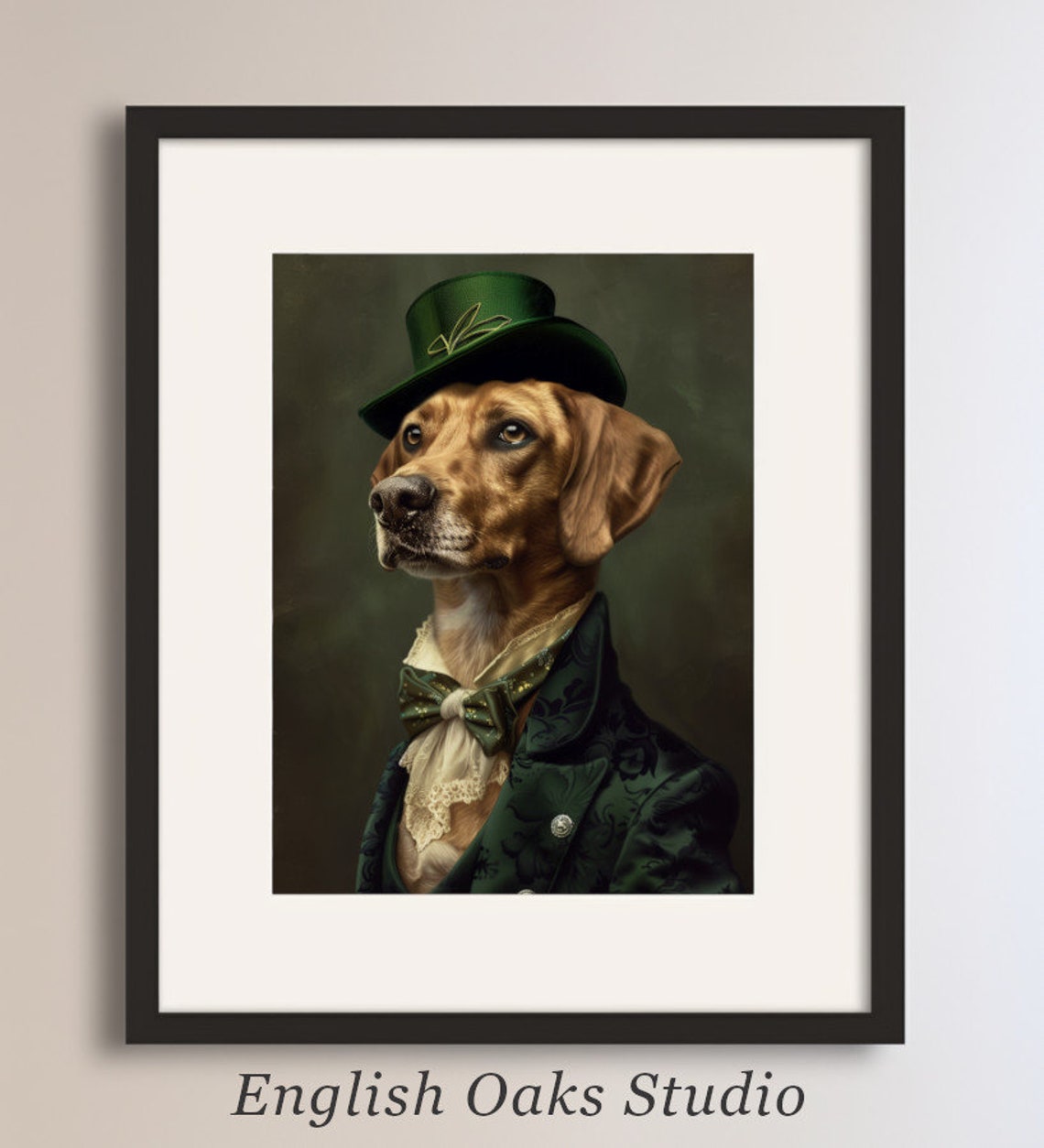 Victorian Dog Portrait Brown Dog Green Hat St Patricks Wall Art