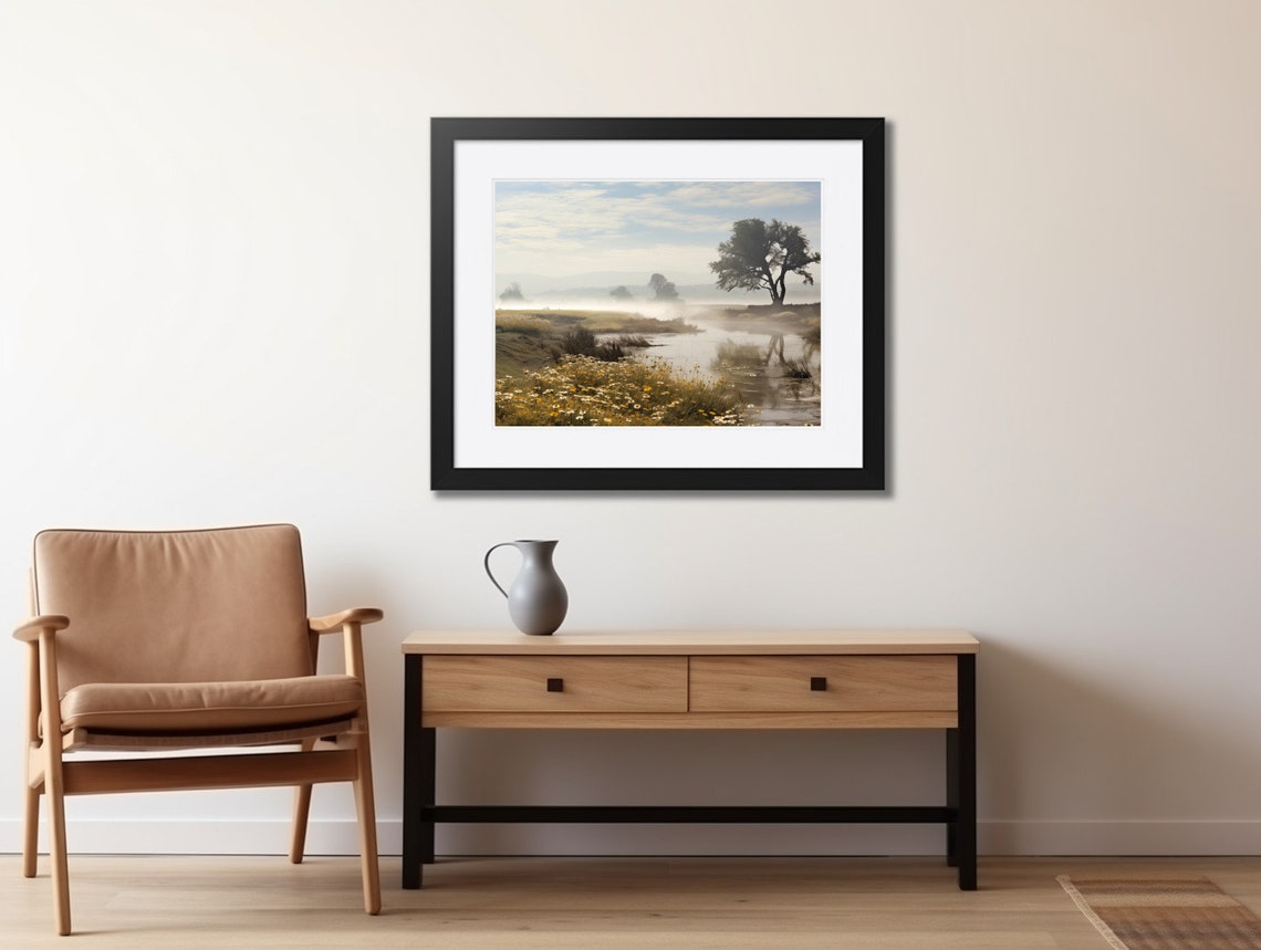 Misty Morning Marsh With Lone Tree and Wildflowers Art Poster - Image 2
