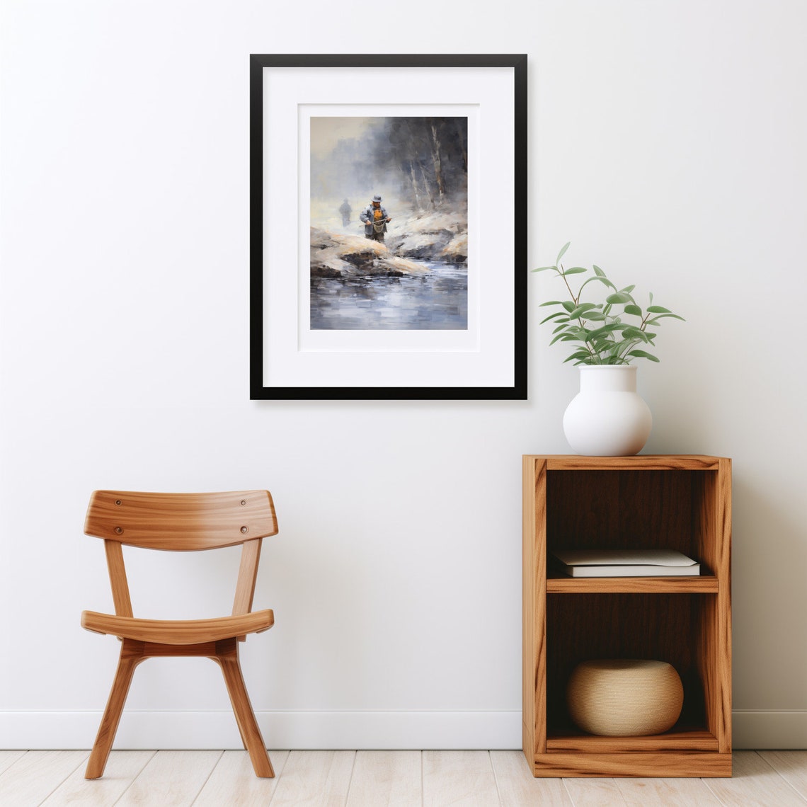 Fly Fisherman in a Misty Mountain Stream Watercolor Painting Poster - Image 2