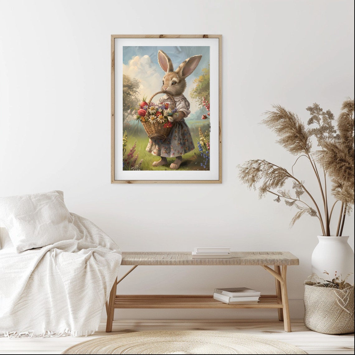Easter Bunny Girl With Basket Of Wildflowers Spring Nursery Poster - Image 2
