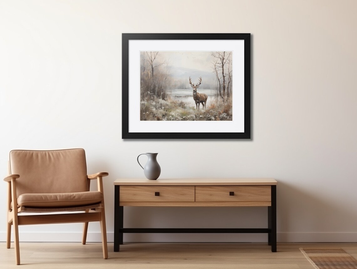 Stag Deer by Winter Lake Misty Woodland Vintage Neutral Poster - Image 2