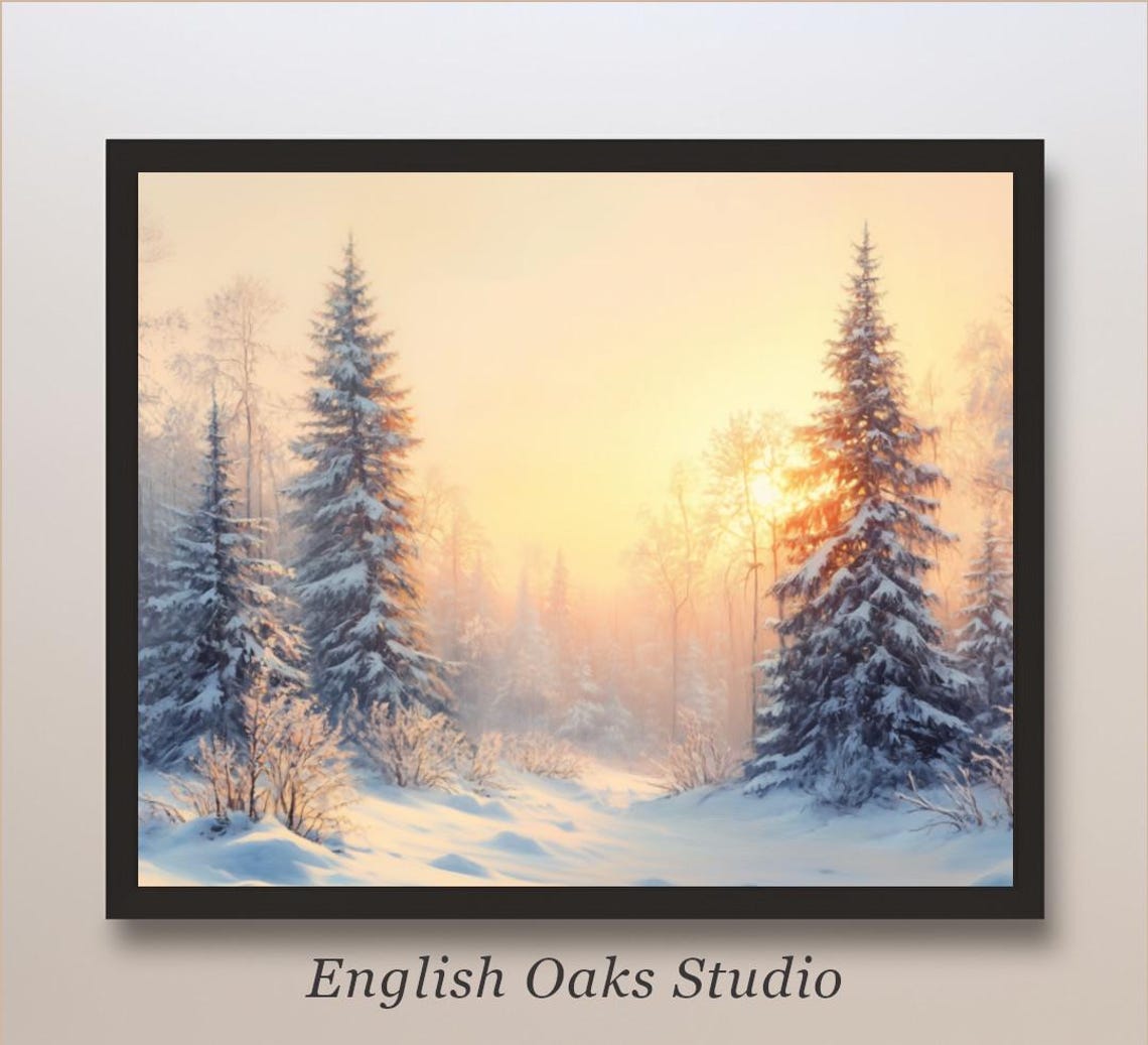 Golden Sunrise Over Snowy Pine Forest Winter Wonderland Poster