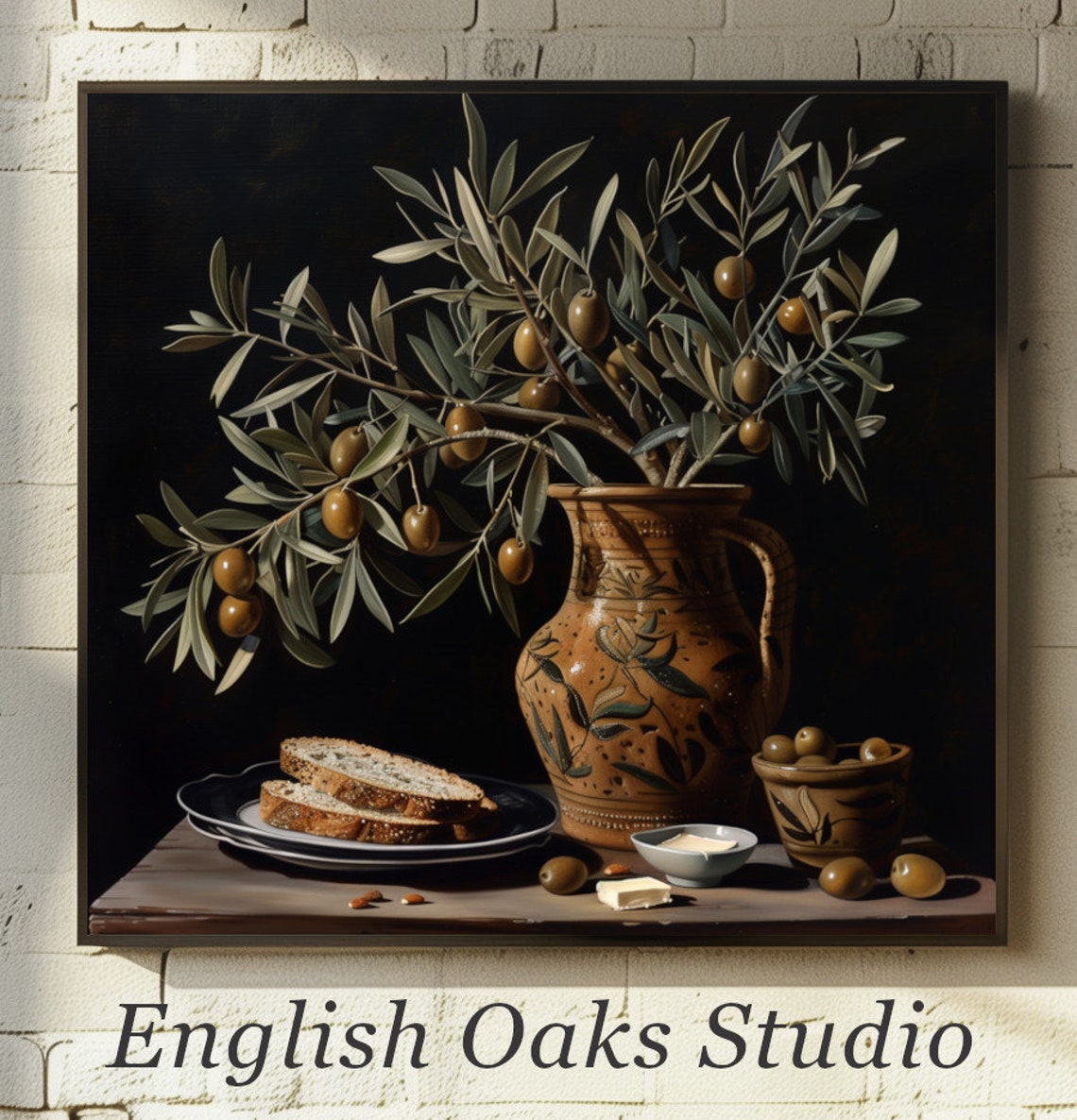 Olive Branches in Ceramic Pitcher Rustic Kitchen Dark Poster