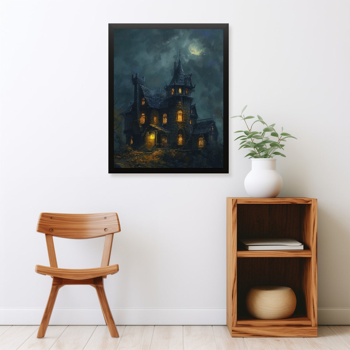 Gothic Haunted House Painting Glowing Windows Full Moon Night Poster - Image 2