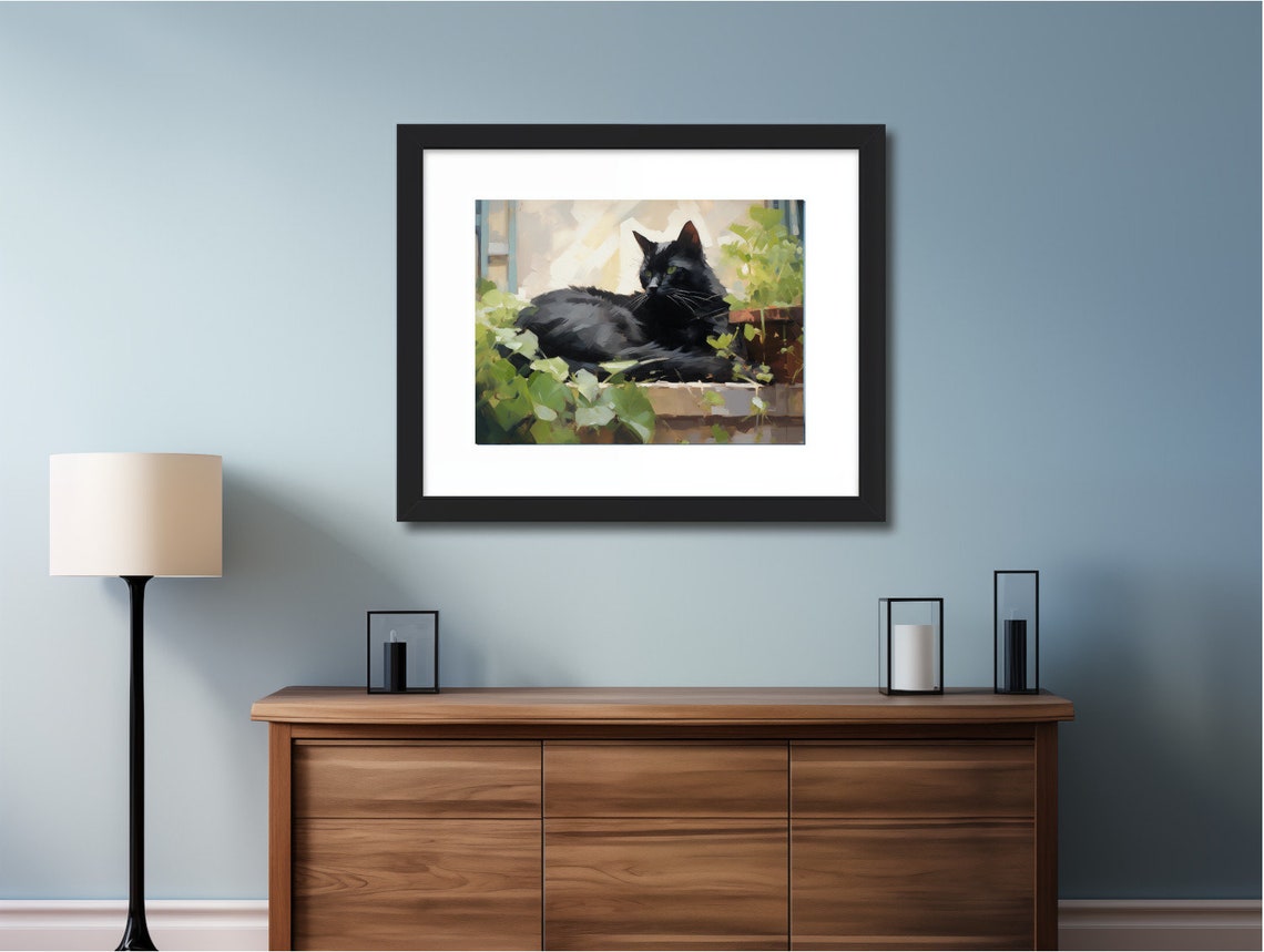 Black Cat with Green Eyes Resting on Garden Ledge Impressionist Poster - Image 2