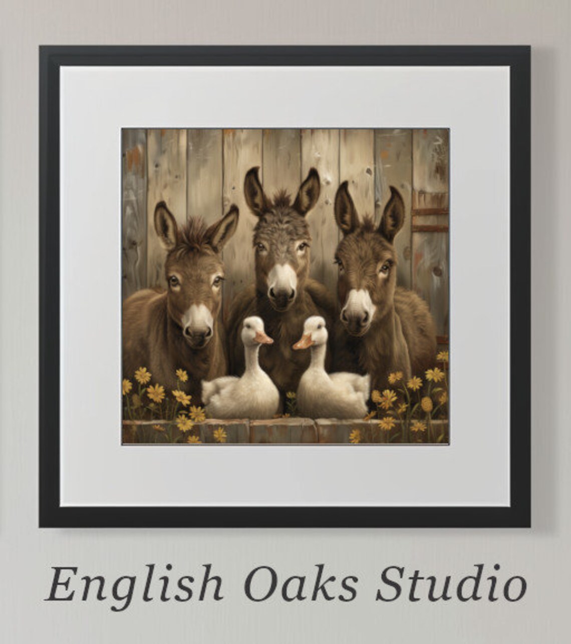 Vintage Farmhouse Donkeys And Ducks Painting Animal Farm Decor Countryside Donkeys And Ducks Standing Near A Fence Print