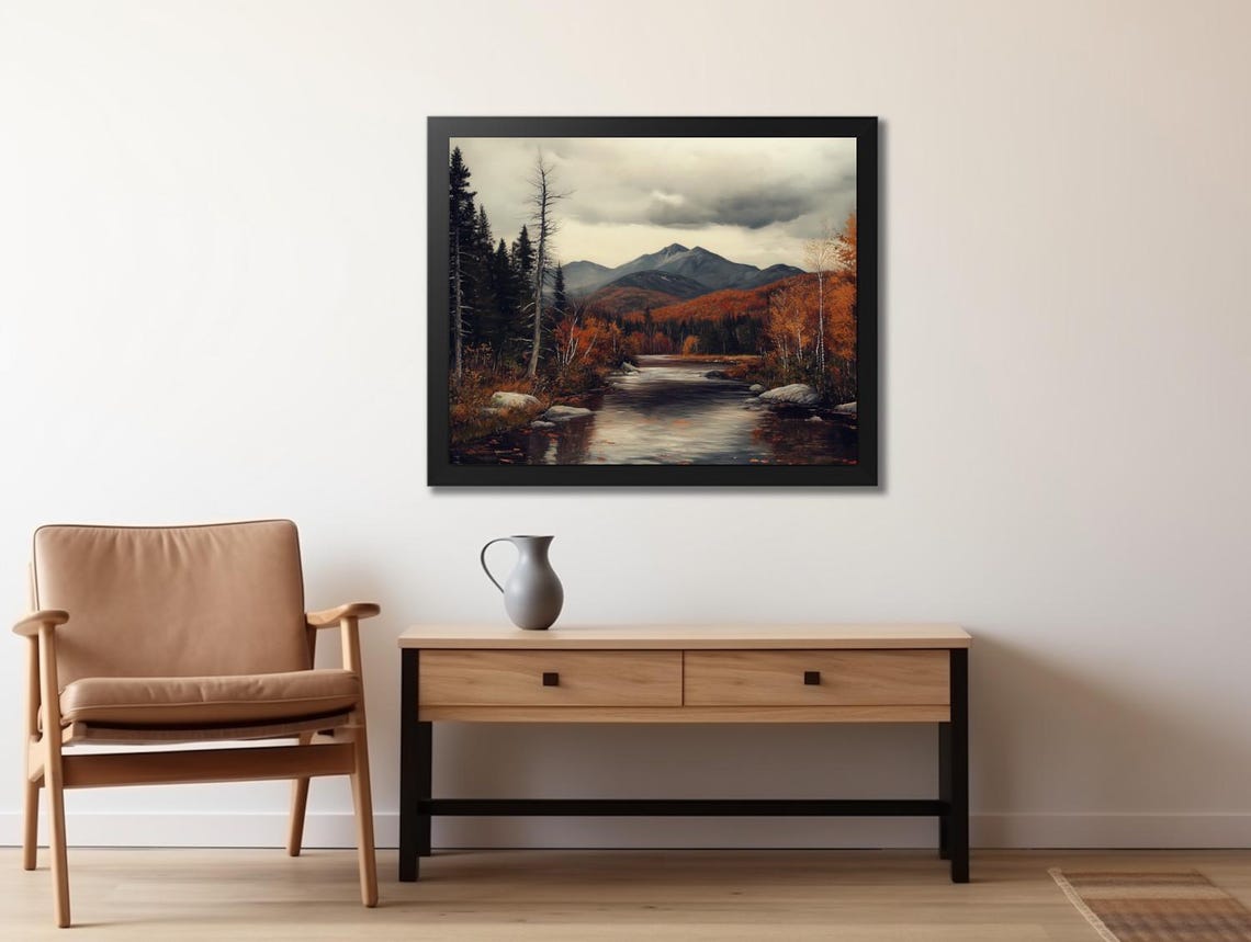 Moody Autumn River Flowing Through Fall Forest Mountains Poster - Image 2