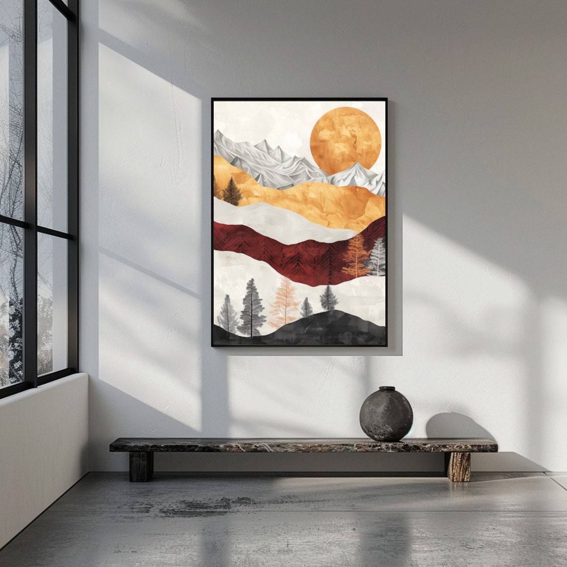 Mid Century Modern Sun Hills Mountain Abstract Boho Wall Art - Image 2