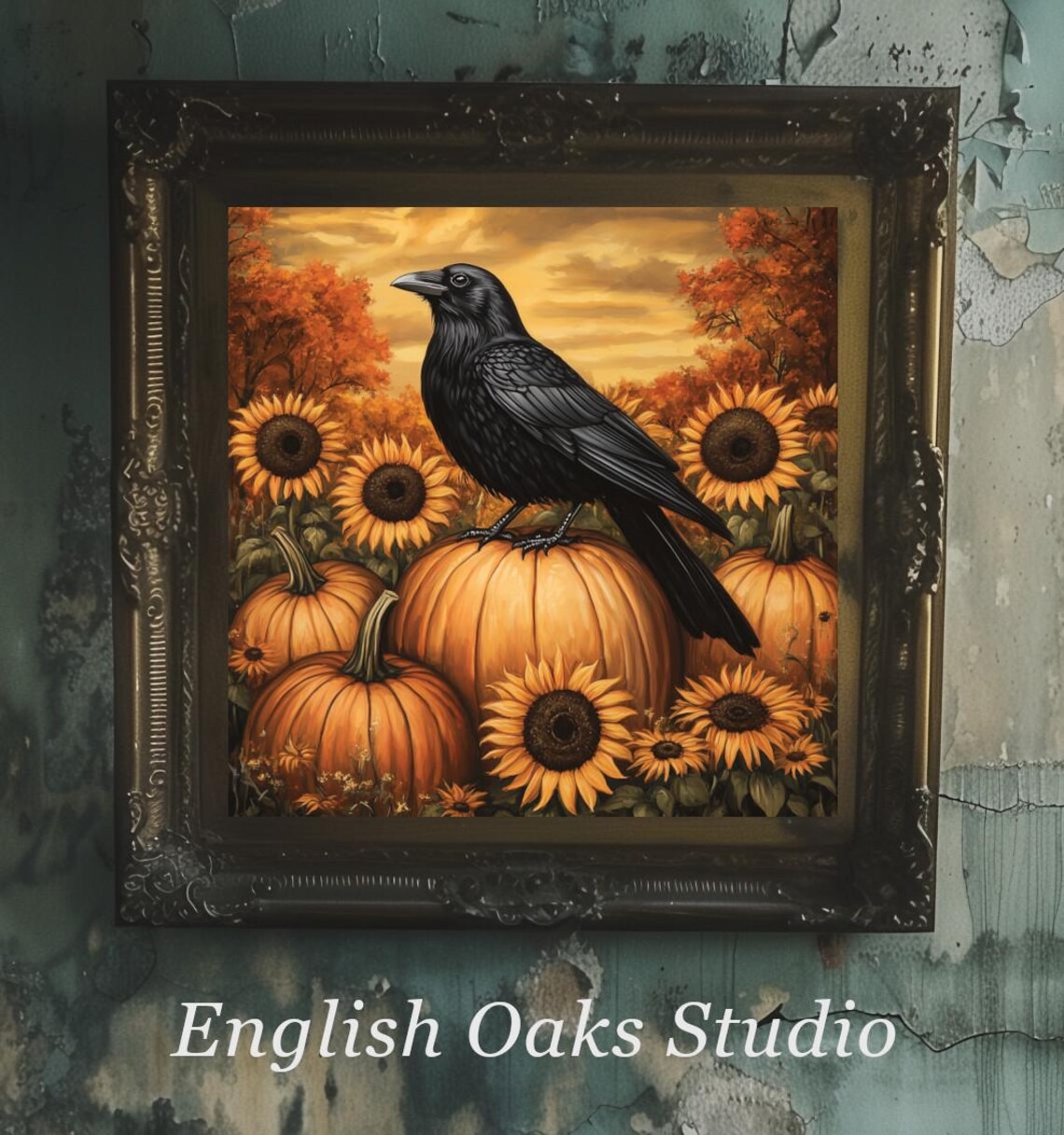 Black Crow on Pumpkin Among Sunflowers Autumn Sunset Vintage Style Poster