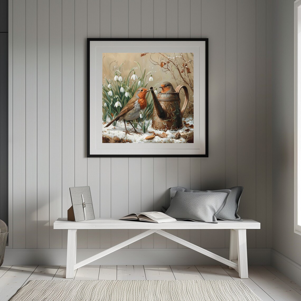 Robins in Snow Snowdrops Winter Watering Can Garden Birds Vintage Poster - Image 2