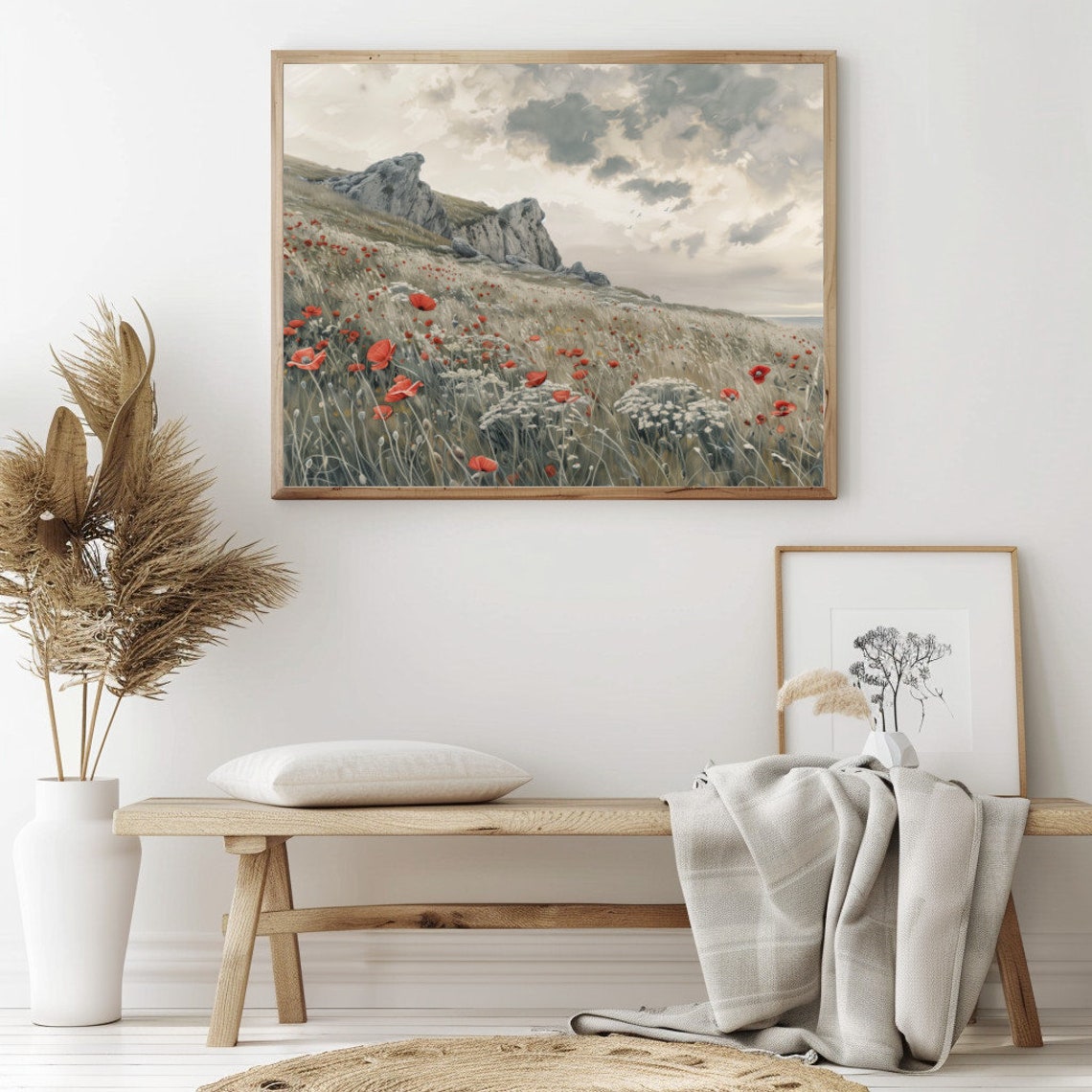 Red Poppies on Misty Rocky Hillside Cloudy Sky Vintage Poster - Image 2