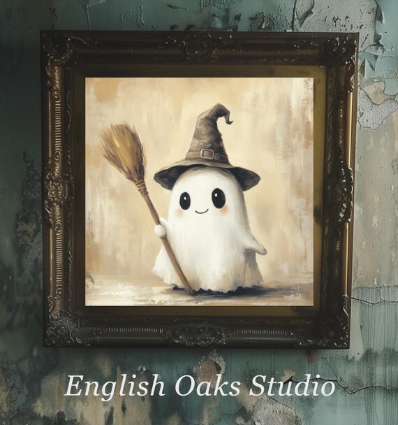 Cute Ghost with Witch Hat and Broom Sweet Halloween Art Poster