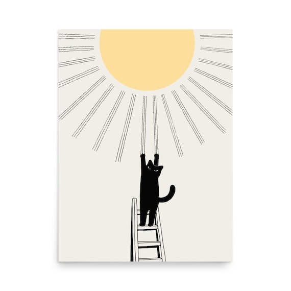 Funny Black Cat Hanging Sun Rays Ladder Minimalist Cute Art Poster