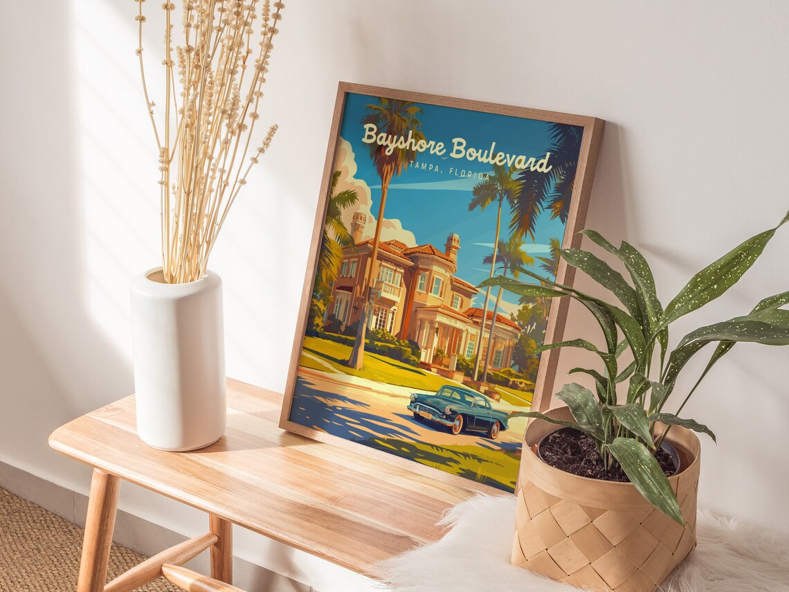 Bayshore Boulevard Tampa Florida Mansion Vintage Retro Travel Poster - Image 3