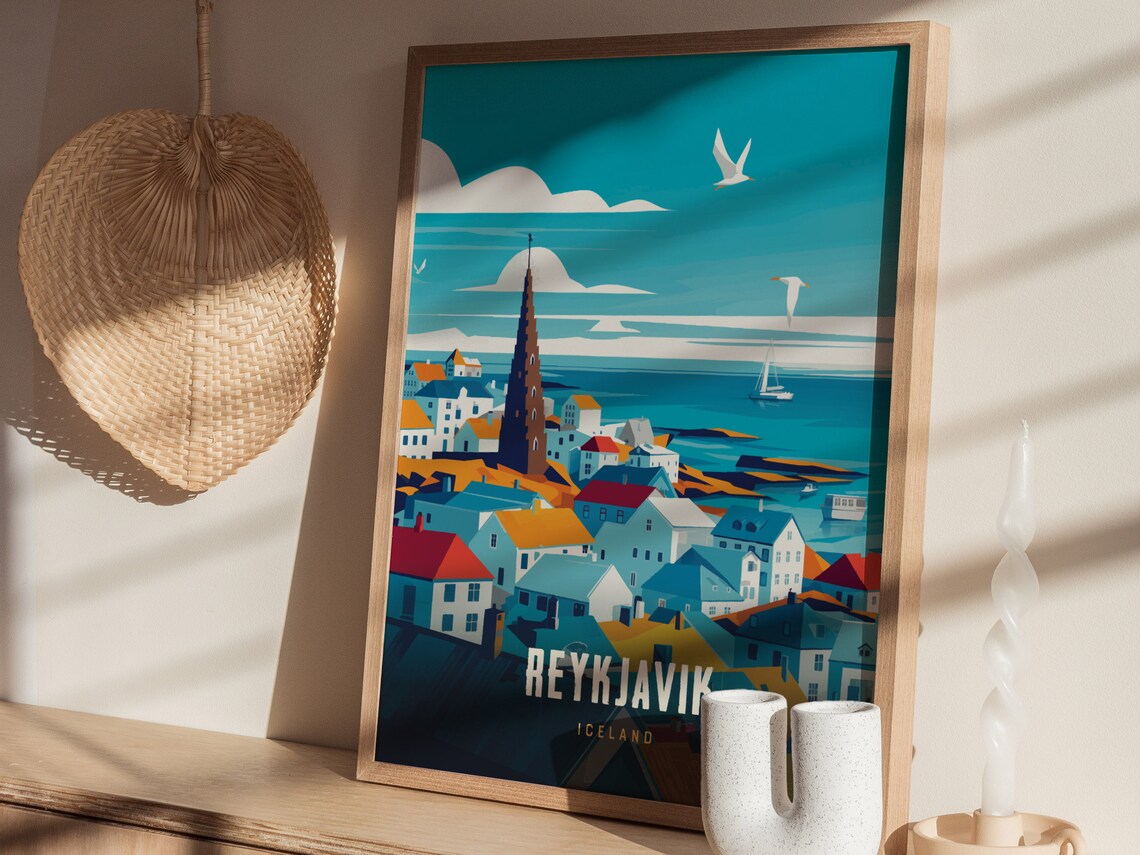Reykjavik Iceland Harbor Town Church Spire Vintage Travel Poster - Image 4