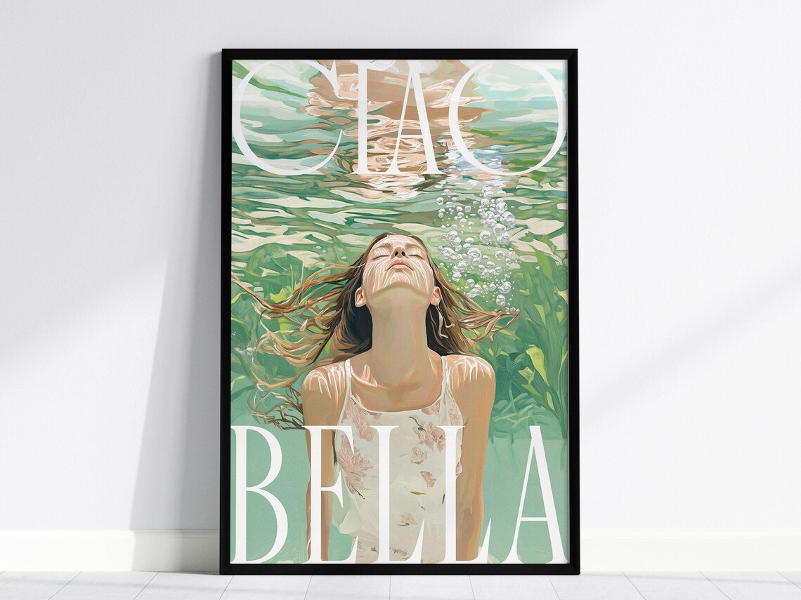 Italian Ciao Bella Underwater Woman Swimming Illustration Poster
