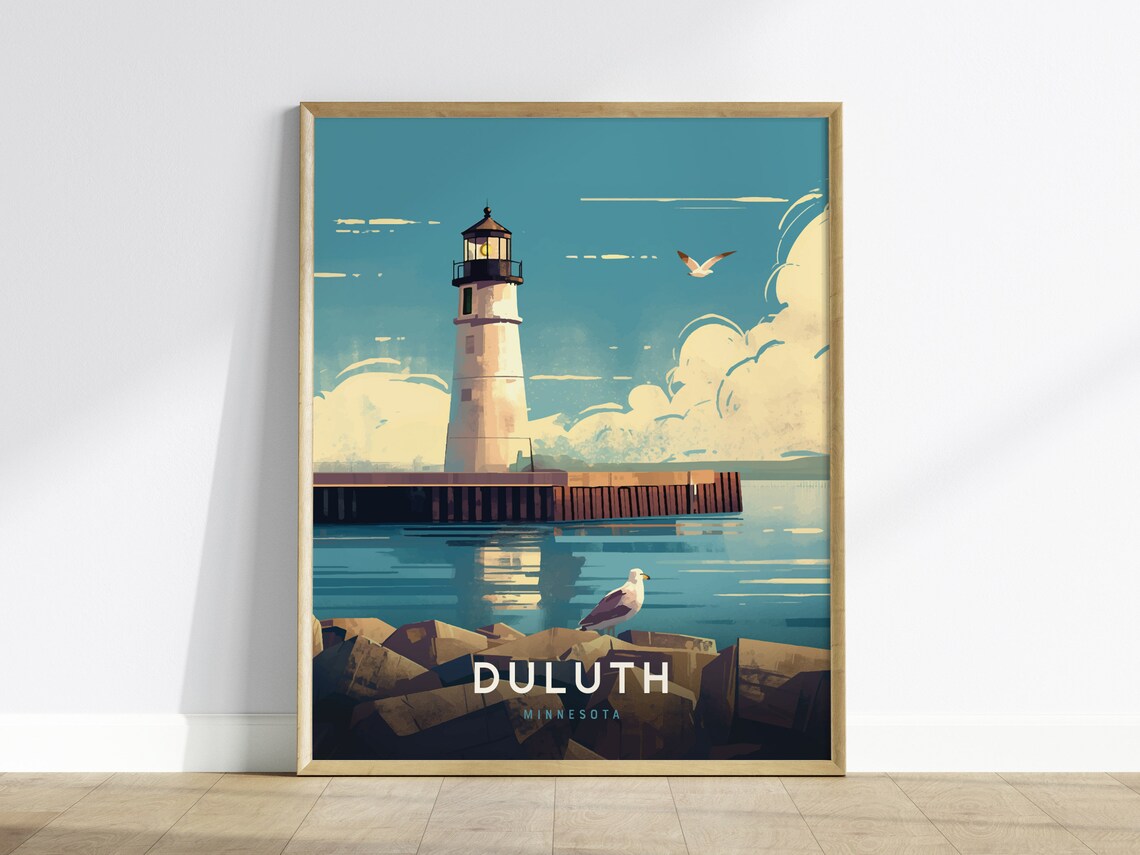Duluth Lighthouse Travel Poster, Minnesota Lake Superior