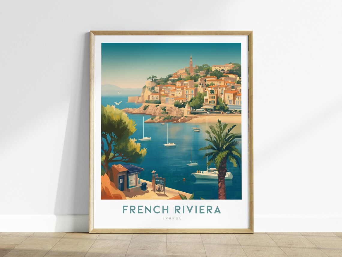 French Riviera France Coastal Village Sailboats Retro Travel Poster