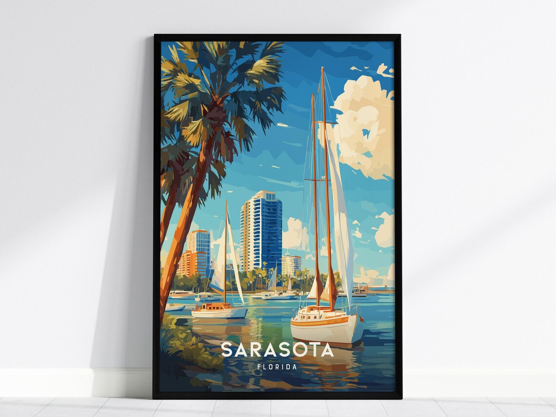 Sarasota Florida Sailboats Palm Trees Bay Skyline Coast Poster