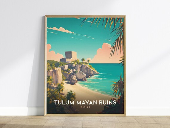 Tulum Mayan Ruins Mexico Caribbean Beach Cliffside Travel Poster