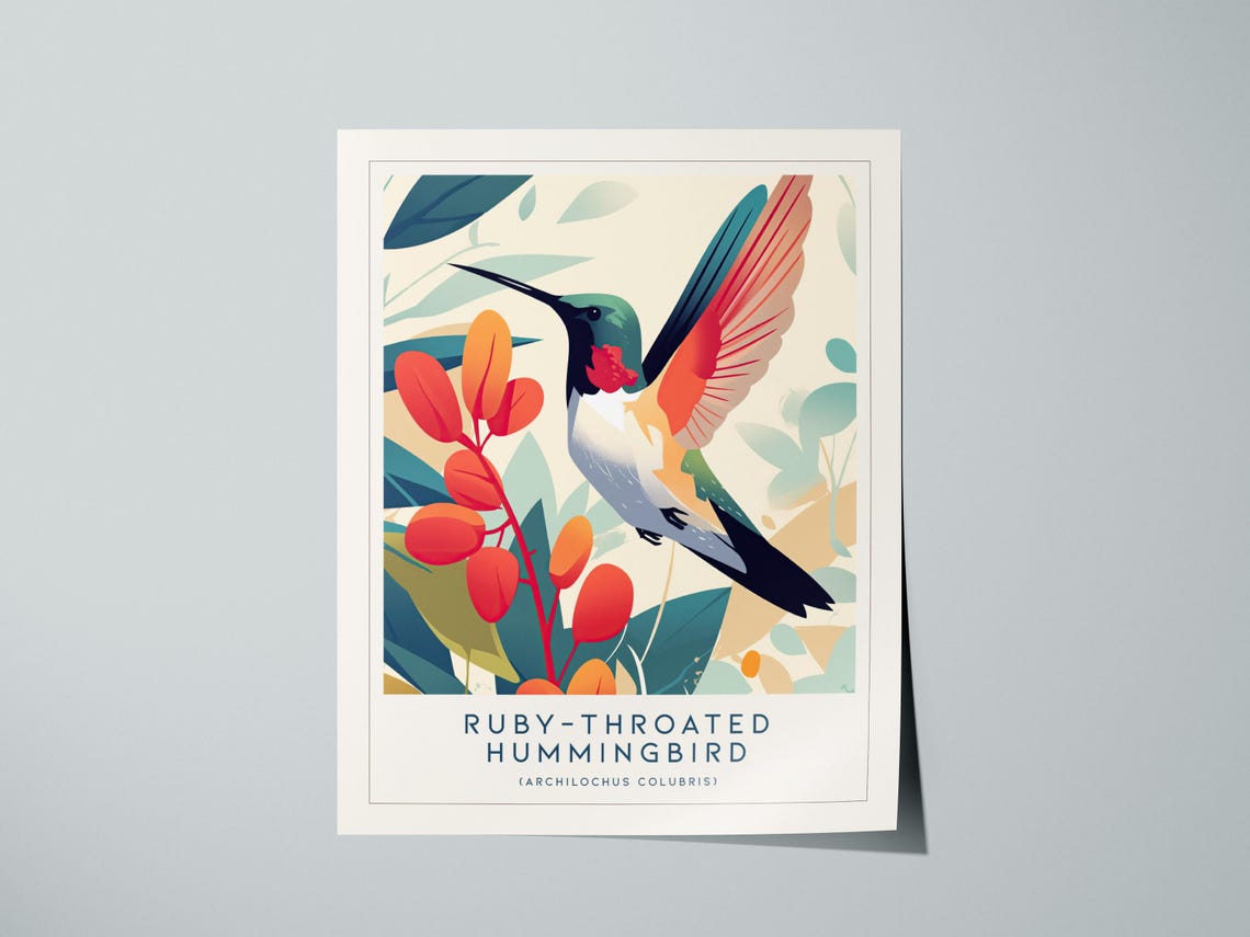 Ruby-Throated Hummingbird Modern Botanical Illustration Wall Art