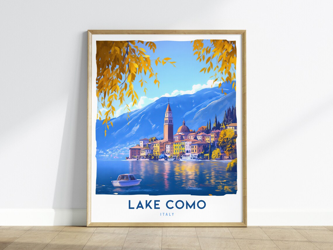 Lake Como Italy Lakeside Village Golden Foliage Travel Poster