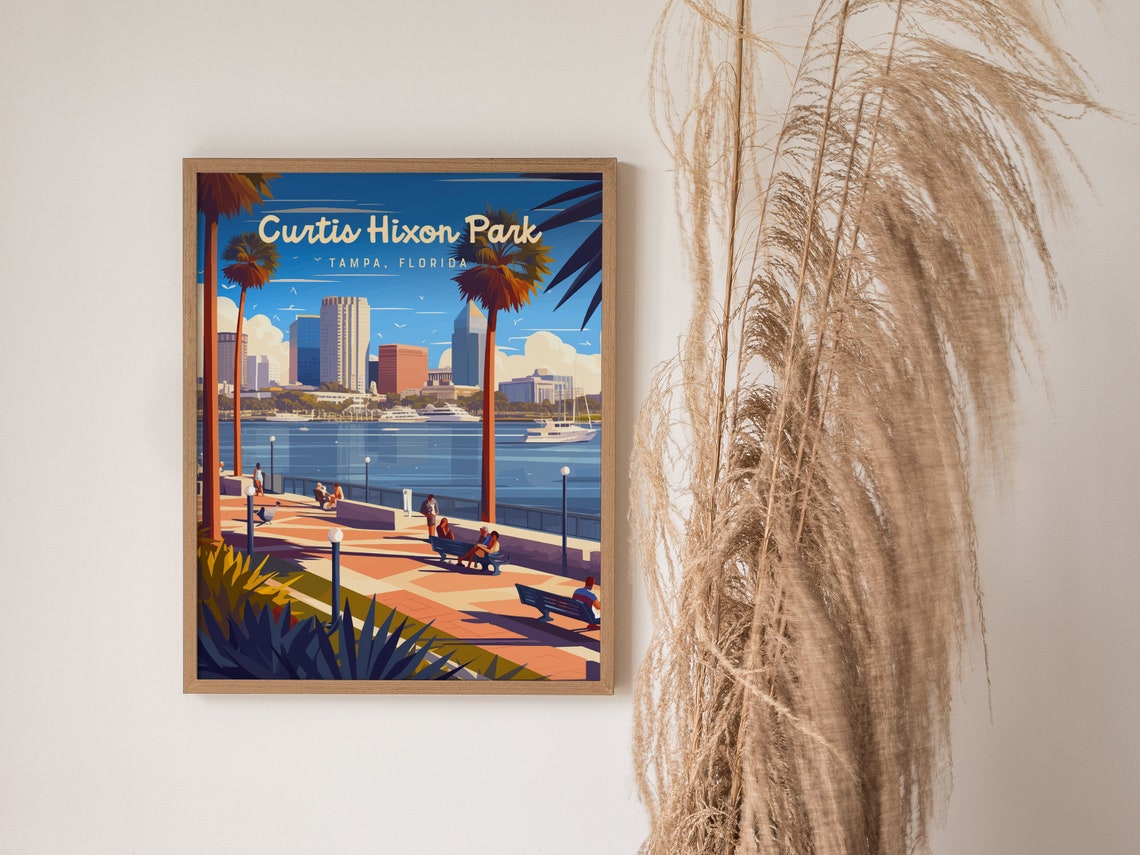 Curtis Hixon Park Tampa Florida Riverfront Skyline Vintage Poster - Image 2