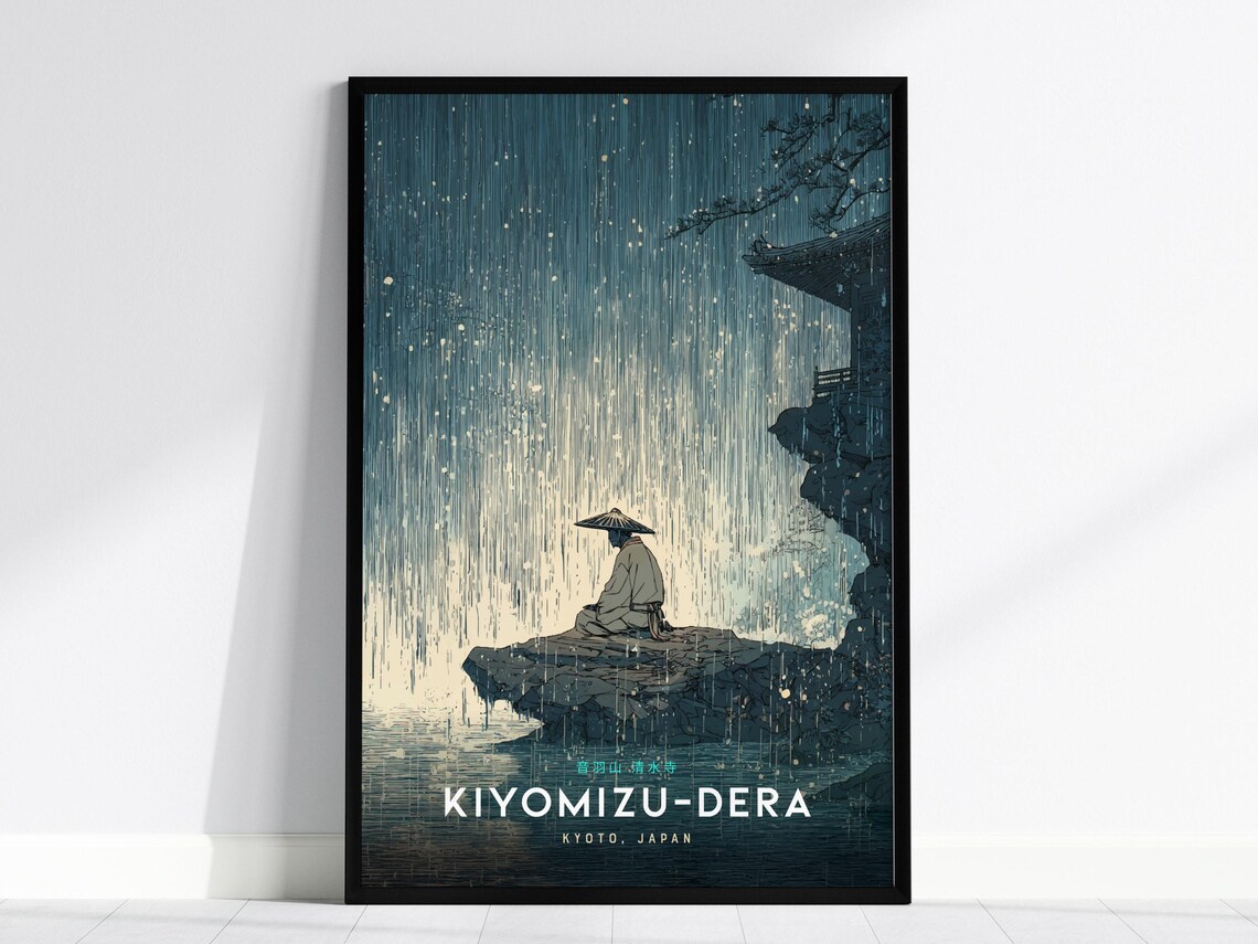 Kiyomizu Dera Kyoto Rainy Night Monk Japanese Temple Art Poster