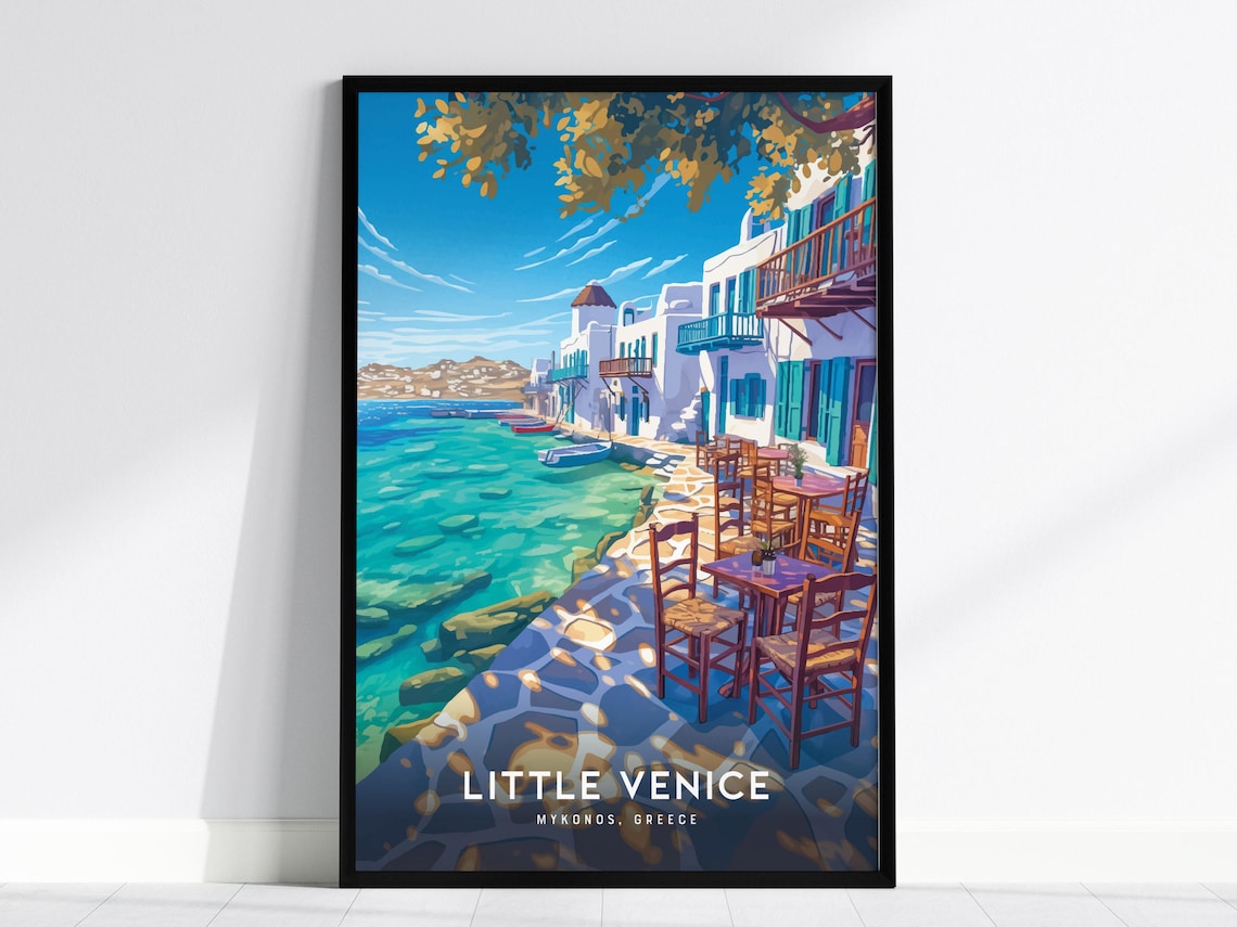 Little Venice Mykonos Greece Seaside Cafe Colorful Illustrated Poster