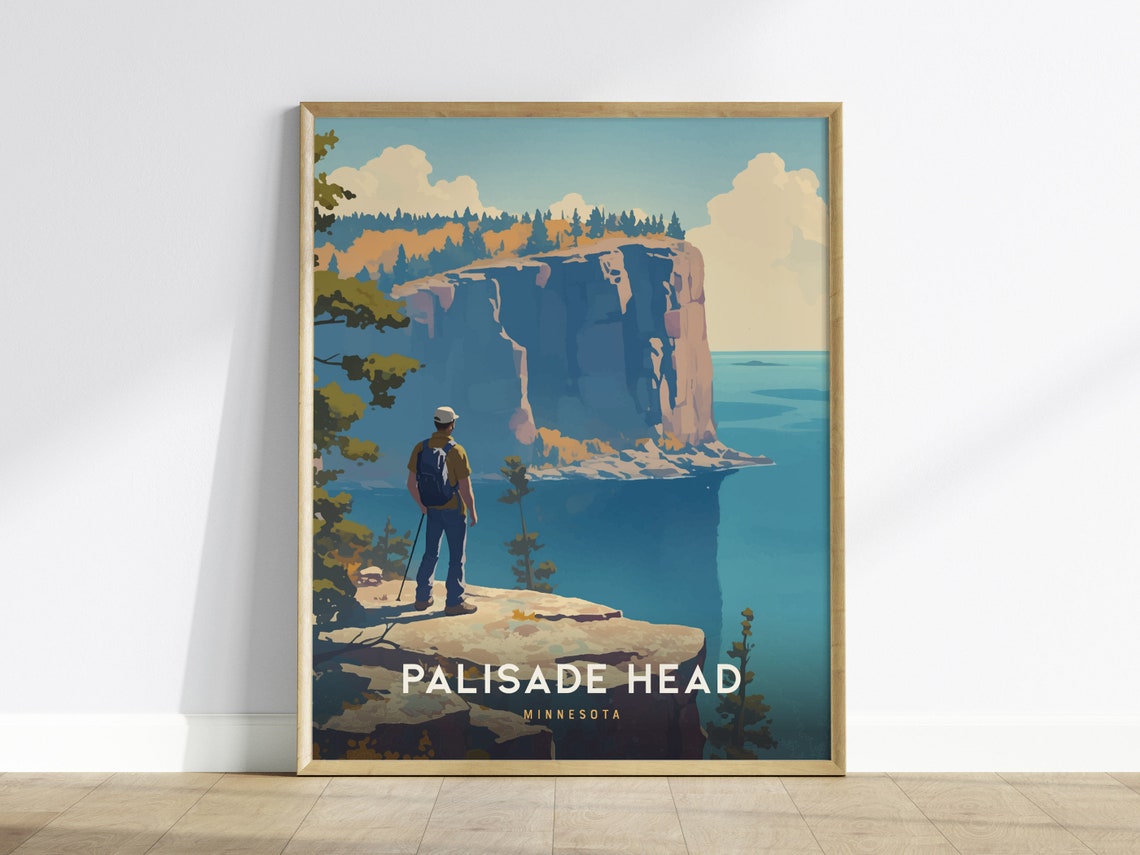 Palisade Head Minnesota Travel Poster Lake Superior Hiker Cliff