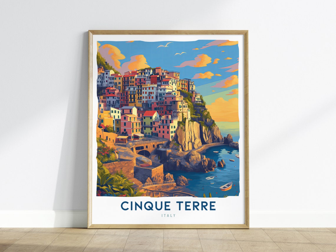 Cinque Terre Italy Travel Poster, Coastal Village Art Print