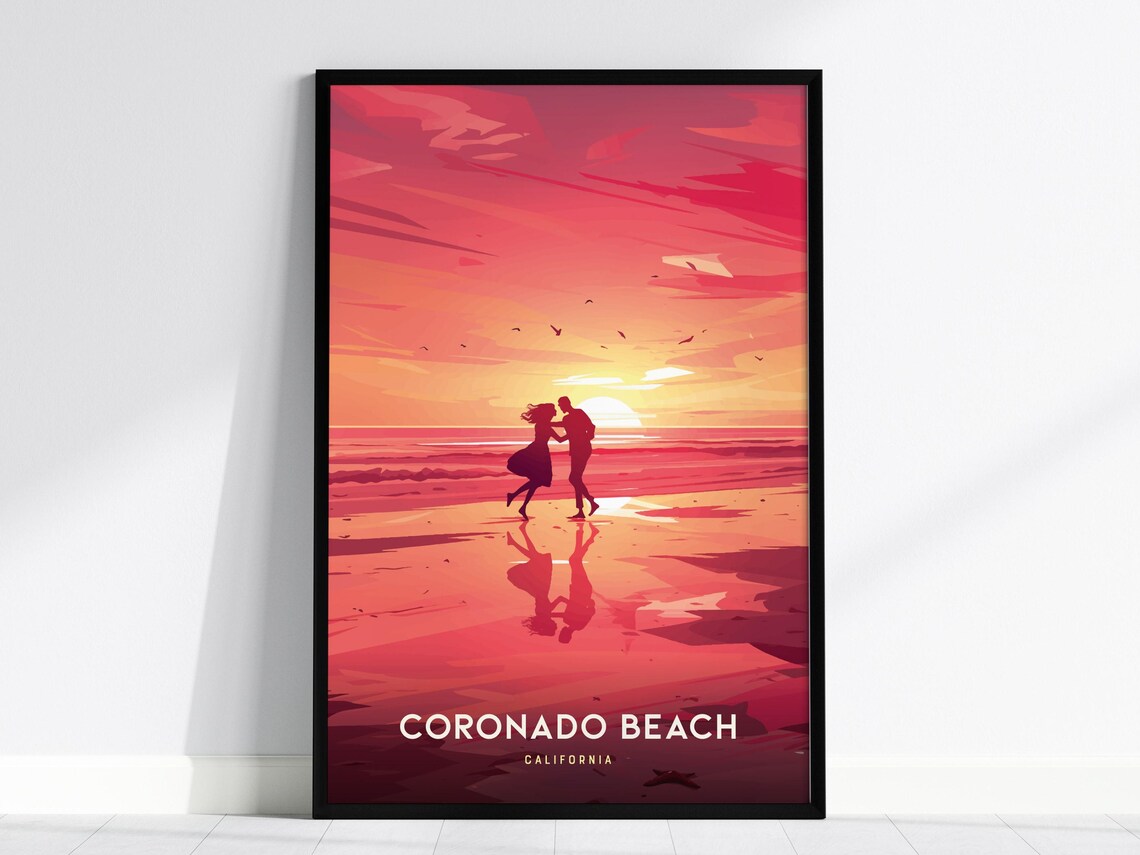 Coronado Beach California Romantic Sunset Silhouette Art Poster