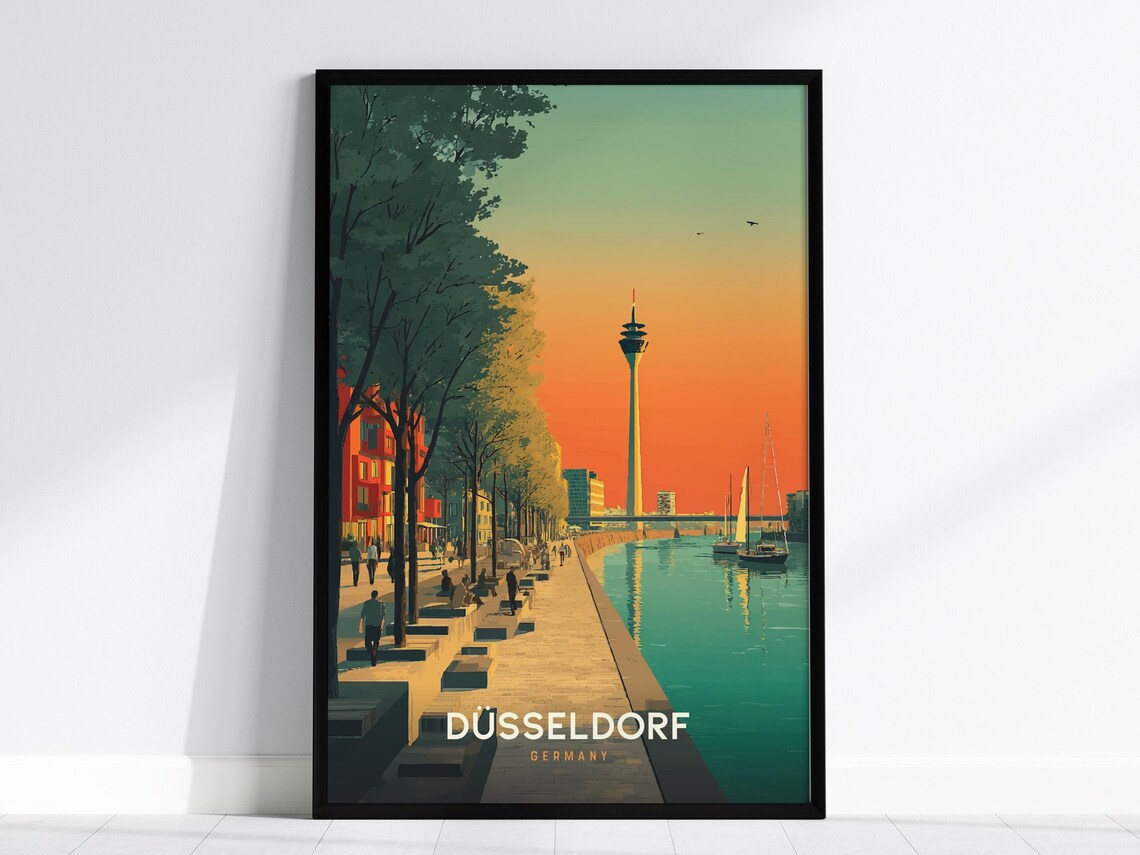 Dusseldorf Germany Rhine River Promenade Sunset Vintage Travel Poster