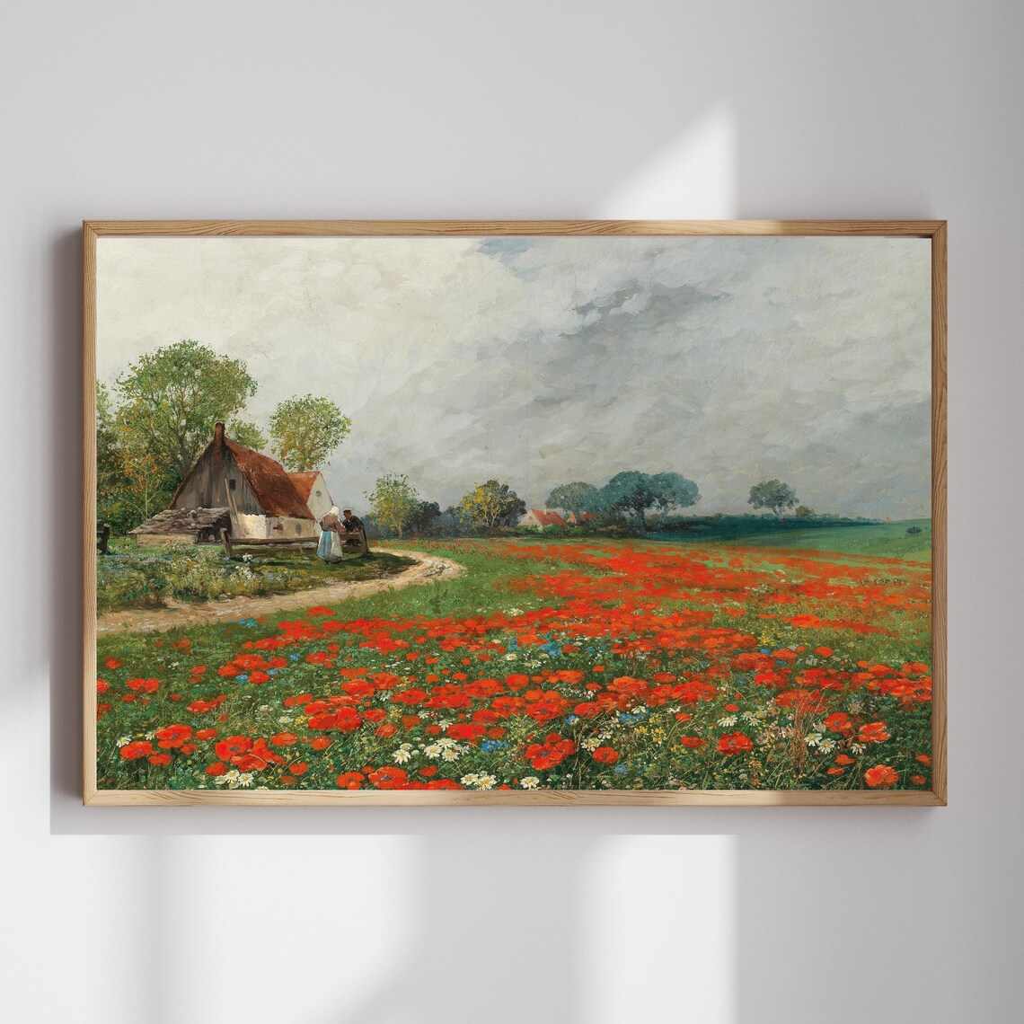 Red Poppy Field Farmhouse Vintage Countryside Landscape Art Poster