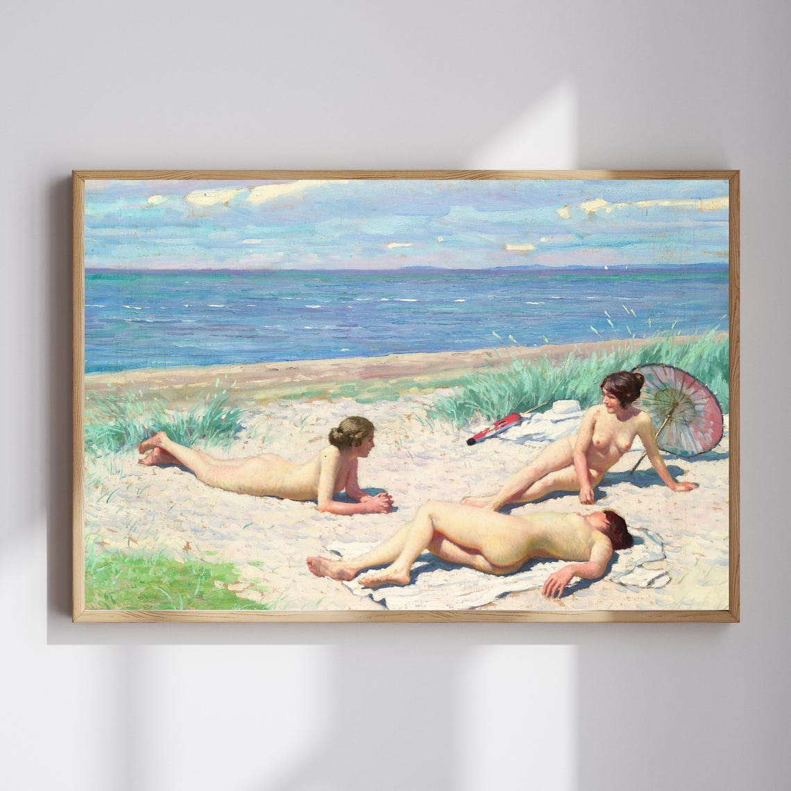 Girls on the Beach Vintage Oil Painting Seaside Bathers Art Poster