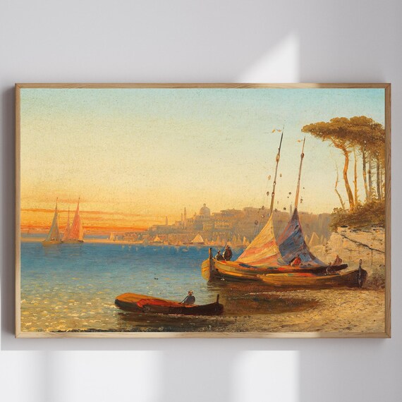 Vintage Italian Harbor Seascape With Sailboats At Sunset Art Poster