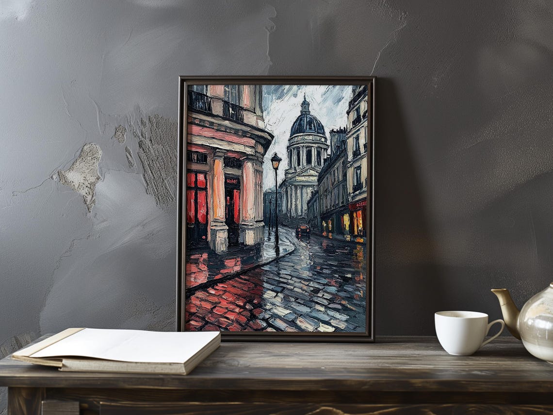 Paris Domed Landmark Seen Down a Rainy Night Street Scene Poster