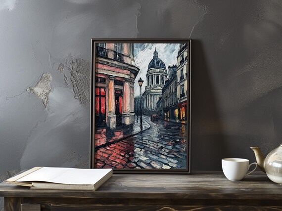 Paris Domed Landmark Seen Down a Rainy Night Street Scene Poster