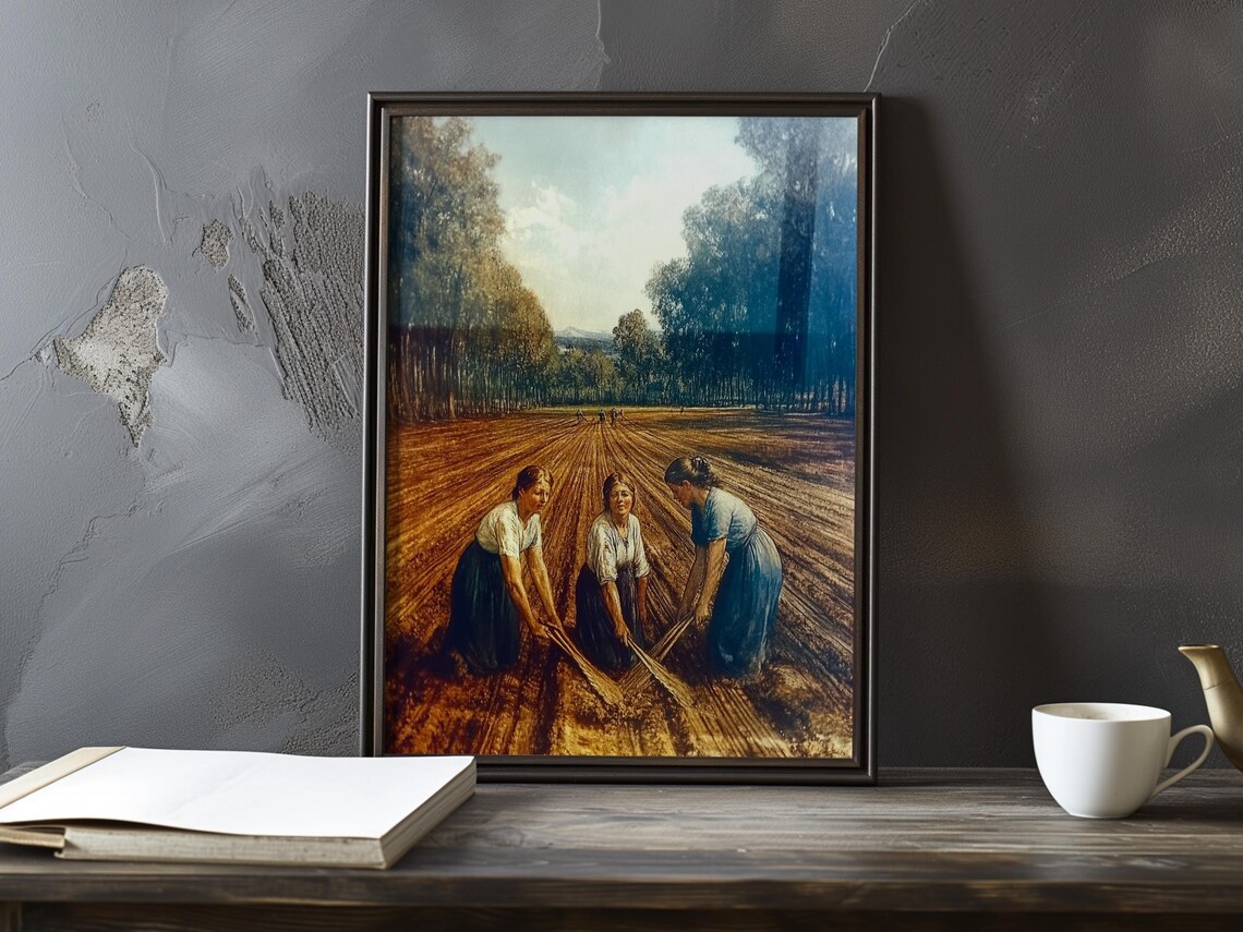 Three Women Working A Freshly Plowed Field With Hoes At Dawn Poster