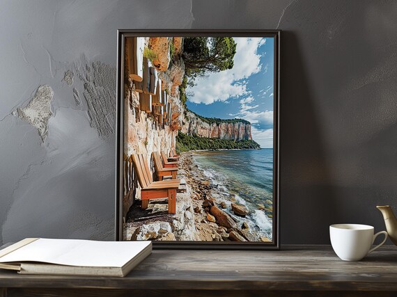 Rocky Beach Chairs Beneath White Cliffs Turquoise Sea Poster