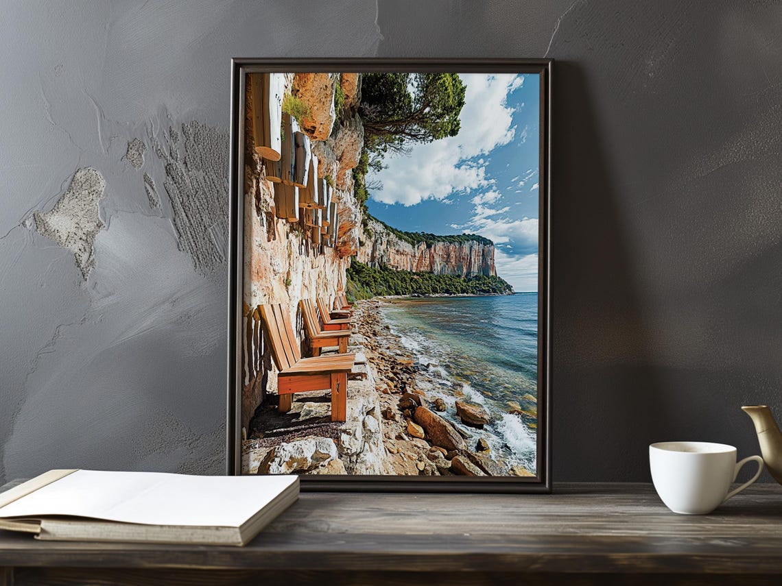 Rocky Beach Chairs Beneath White Cliffs Turquoise Sea Poster
