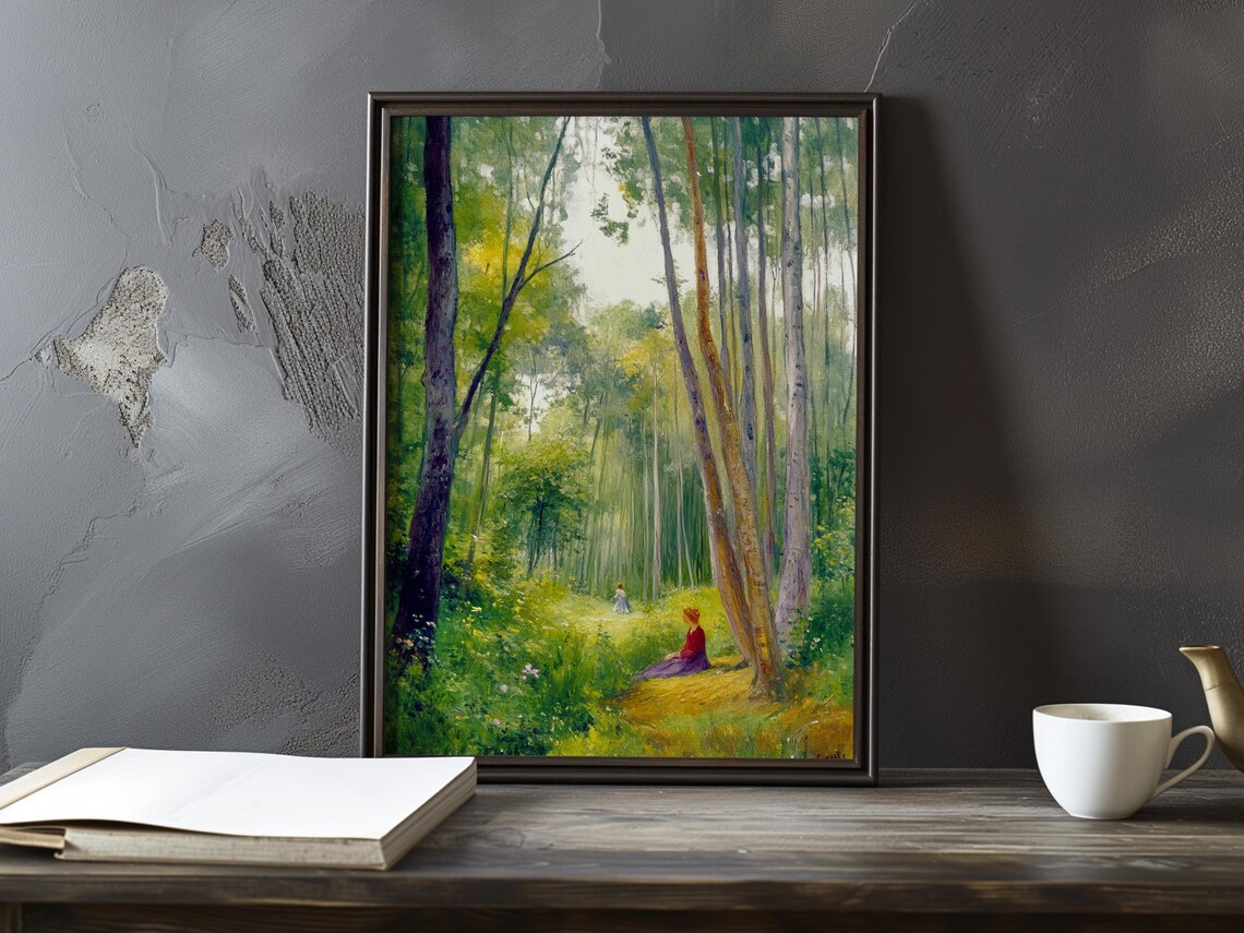Woman In Red Dress Resting Quietly In A Sunlit Birch Forest Poster